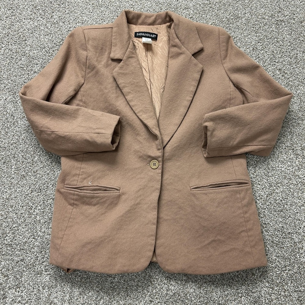 Vintage Savannah Blazer Jacket Womens 12P Brown Wool One Button Lined Petite USA